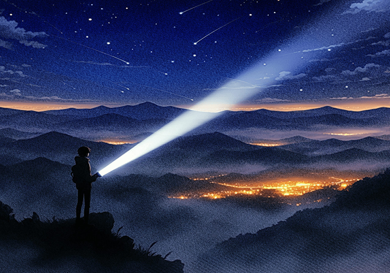 Person holding a flashlight on top of mountains
