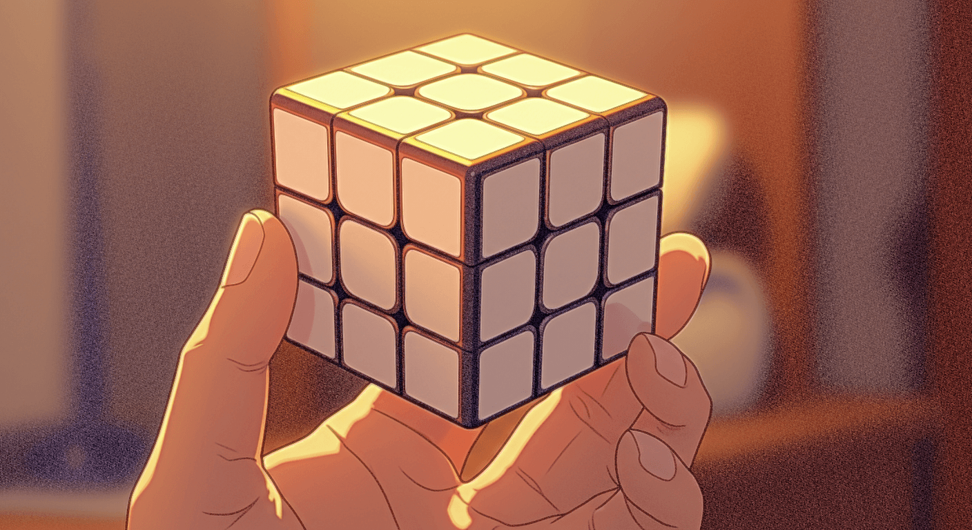 Hand holding a white Rubik's Cube