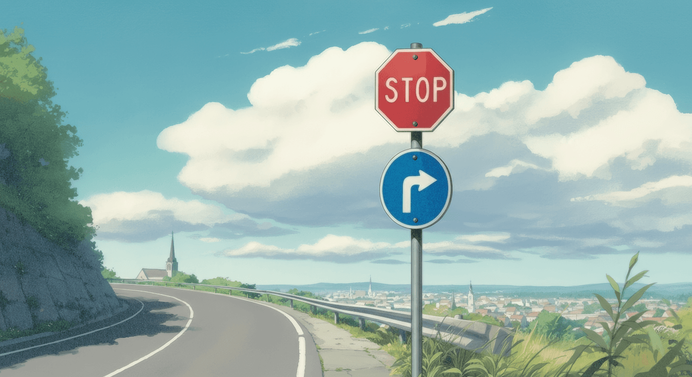 Stop and turning traffic signs on a road